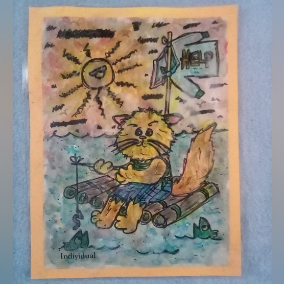 🎨Fishing Cat Watercolor Painting Art🖼